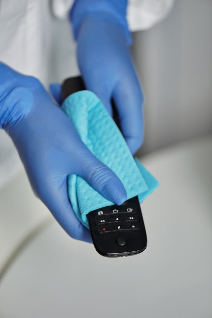 Close-up of gloved hands disinfecting a remote with a cloth.